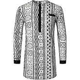 LucMatton Men's African Traditional Pattern Printed Hidden Button Long Sleeve Dashiki Shirt with Pocket