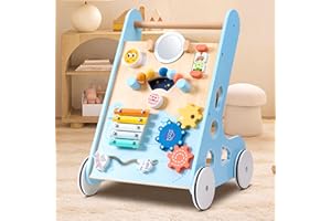 BUDDGO Wooden Baby Walker Push and Pull Learning Activity Walker for Boys and Girls, Montessori Inspired Interaction for 1 Year Old Baby Activity Center, Blue
