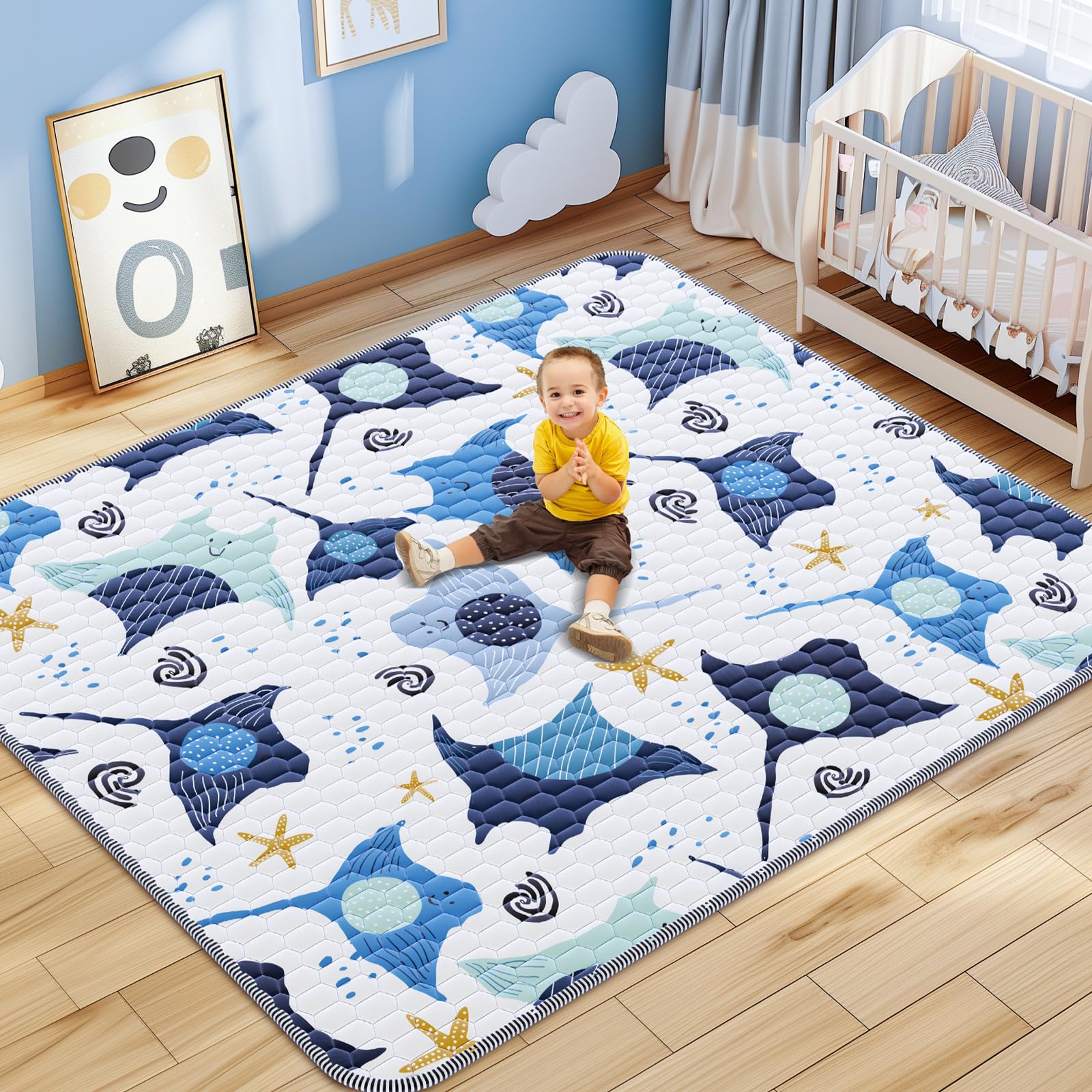 Photo 1 of omzer Baby Play Mat 71x79inch - Extra Large Playmats for Floor Foldable - Thick One-Piece Playpen Mat - Non-Slip Crawling Mats for Babies Toddlers - Machine Washable Padded for Tummy Time, Blue