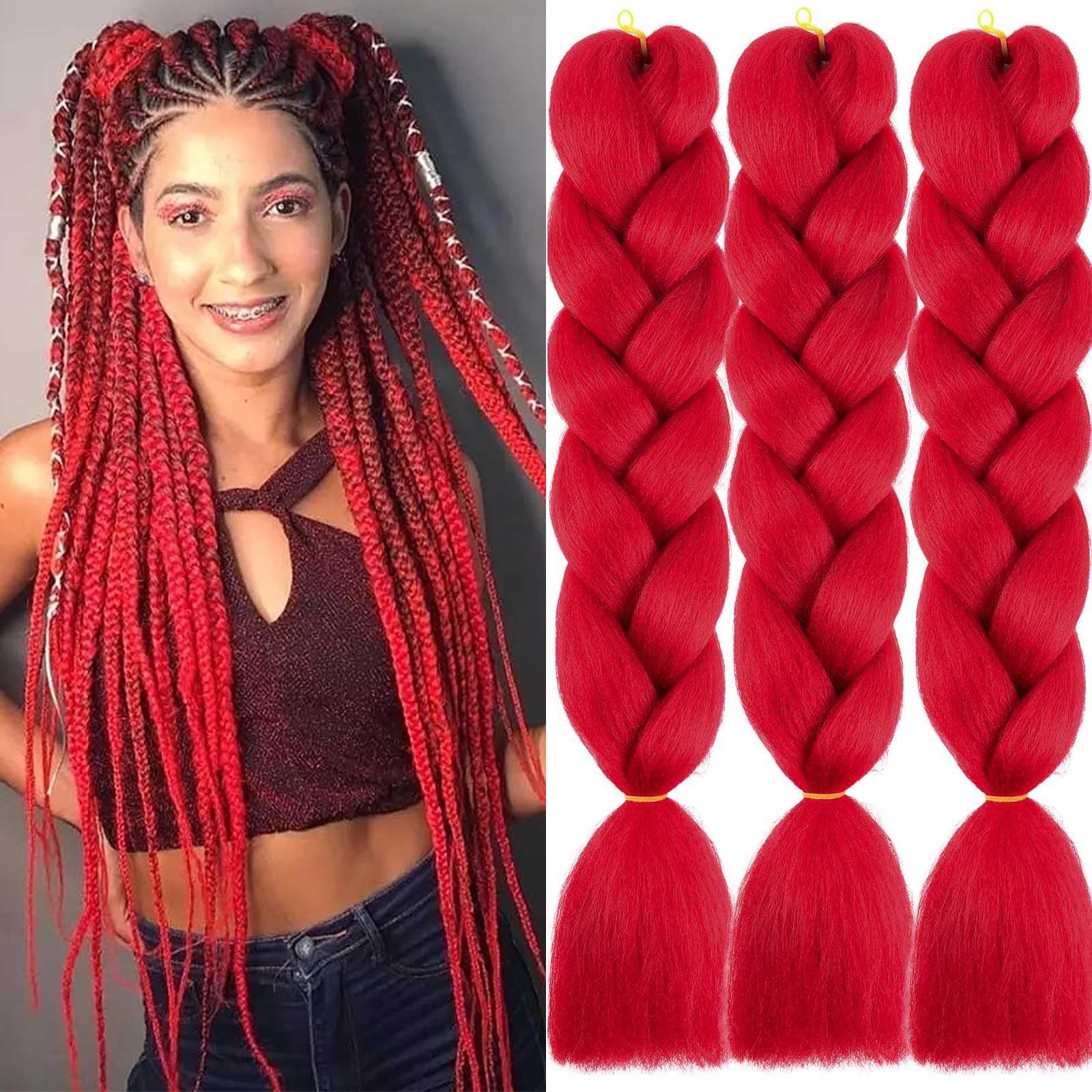 Xtrend 3 Packs 24 Inch Red Jumbo Braiding Hair Extensions for Women High Temperature Kanekalon Braiding Hair for Twist Crochet Box Braids(3Packs,Red#) — image 1