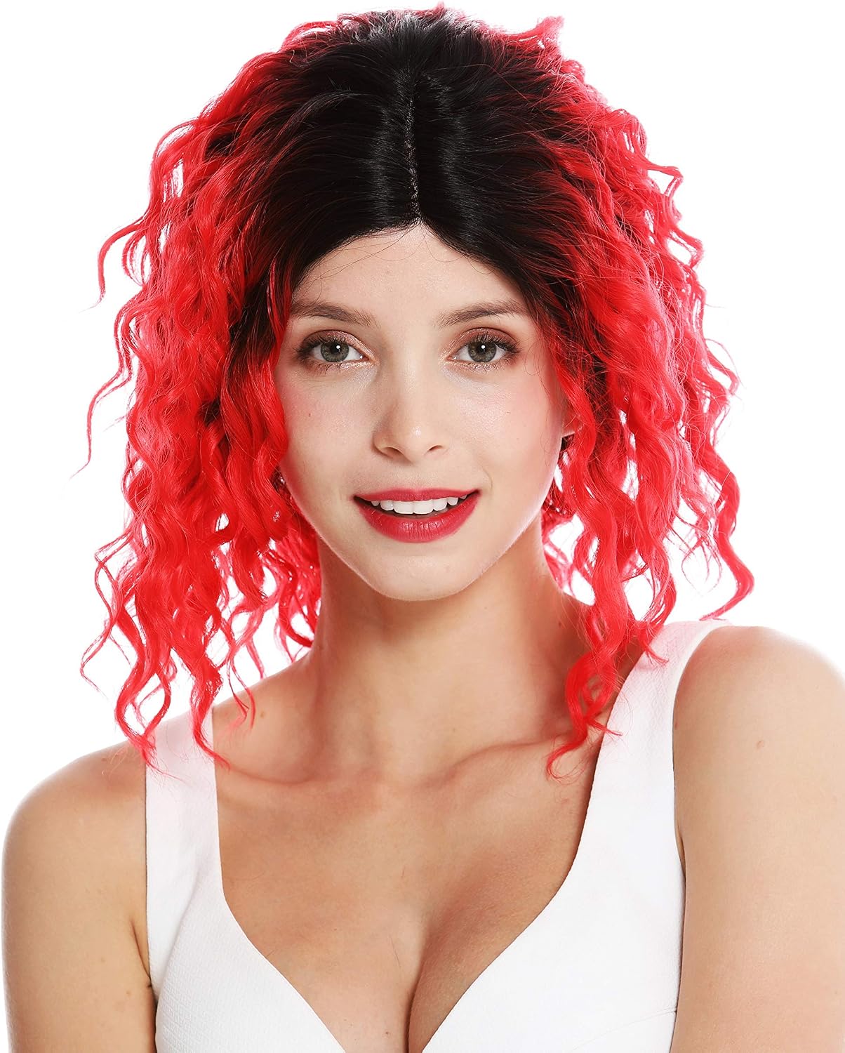 WIG ME UP - VK-15-MF-REDYS1B women's quality wig short shoulder length lace front partial monofilament very curly ombre black red