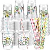 Funnymoom 50 Pcs Spring Wildflower Disposable Cups with Lids and Straw 12 oz Floral Plastic Cups Flower Drinking Cups for Spring Summer Birthday Tea Party Baby Shower Party Supplies