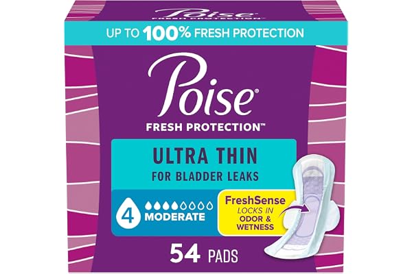 Poise Ultra Thin Postpartum Incontinence Pads with Wings, Moderate Absorbency, Regular Length, 54 Count