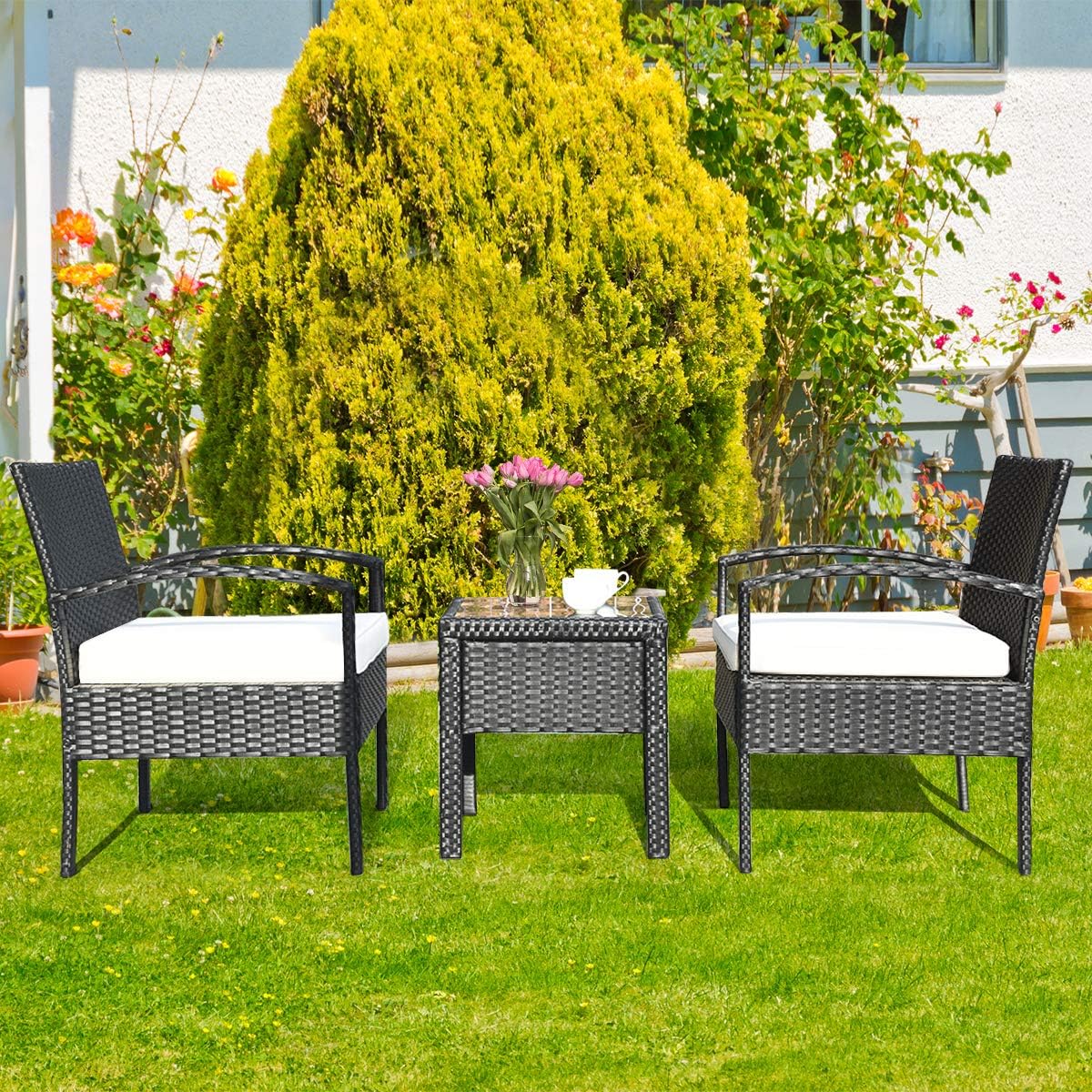 Tangkula AM0583HM 3 Piece Patio Furniture Set with 2 Cushioned Chairs & End Table, Black: Garden & Outdoor