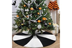 yuboo Halloween Christmas Tree Skirt, 36 inches White Black Lollipop Pencil Tree Skirt for 4-6.5 ft Christmas Trees for Black Halloween Decorations