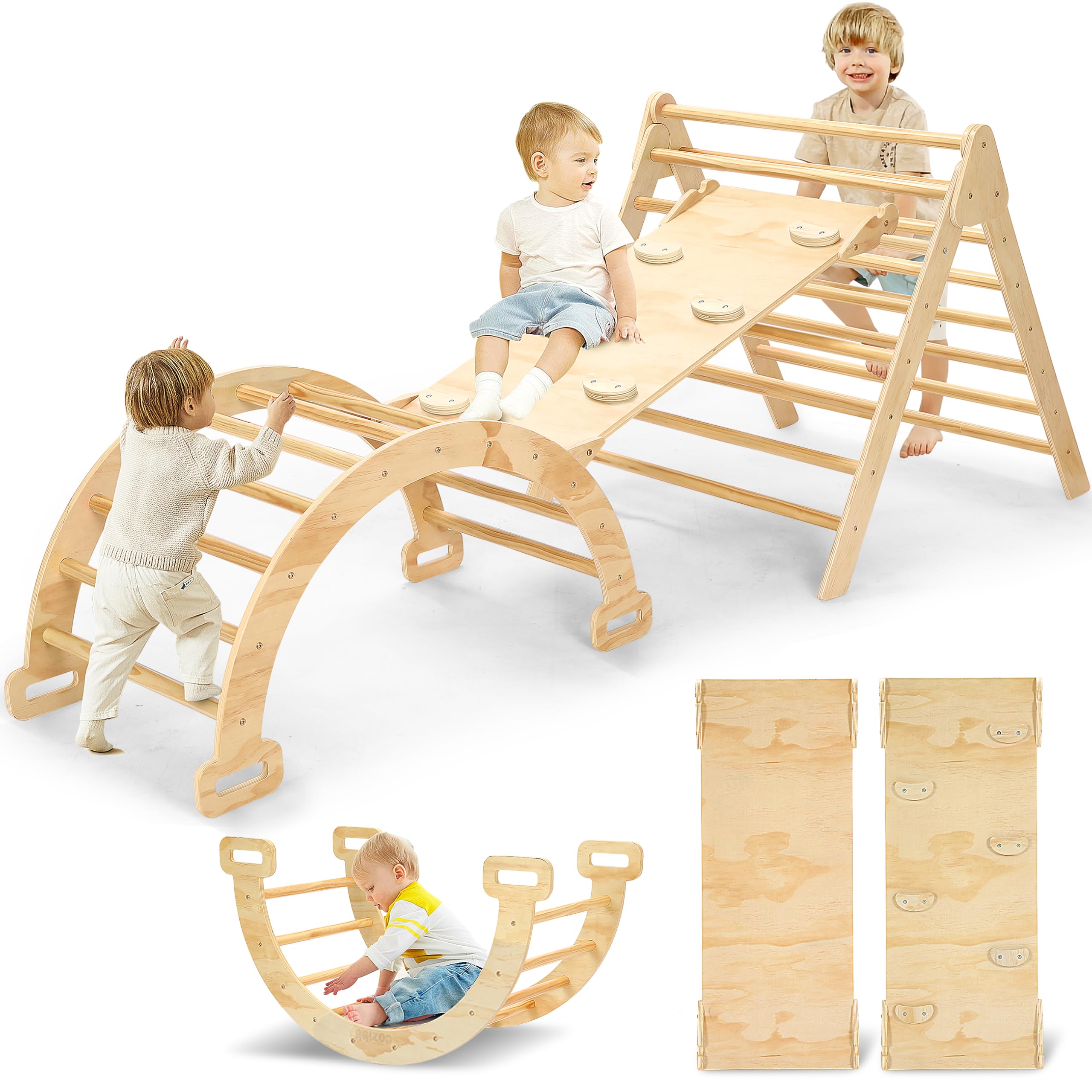 Photo 1 of CoziBB Pikler Triangle Set, 5 in 1 Large Wooden Montessori Climbing Toys, Toddlers Indoor Playground, Baby Climbing Set with Ramp, Arch Climber, Rocker, Jungle Gym for Kids 3-6+ Years