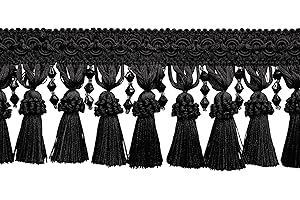 DÉCOPRO 4" (10cm) Elegant Beaded Tassel Fringe with Fancy Gimp Header | Fringe Trim # BTFCT4 Pure Black #K9 (Jet Black) Sold by The Yard (36"/3 ft/0.9m)