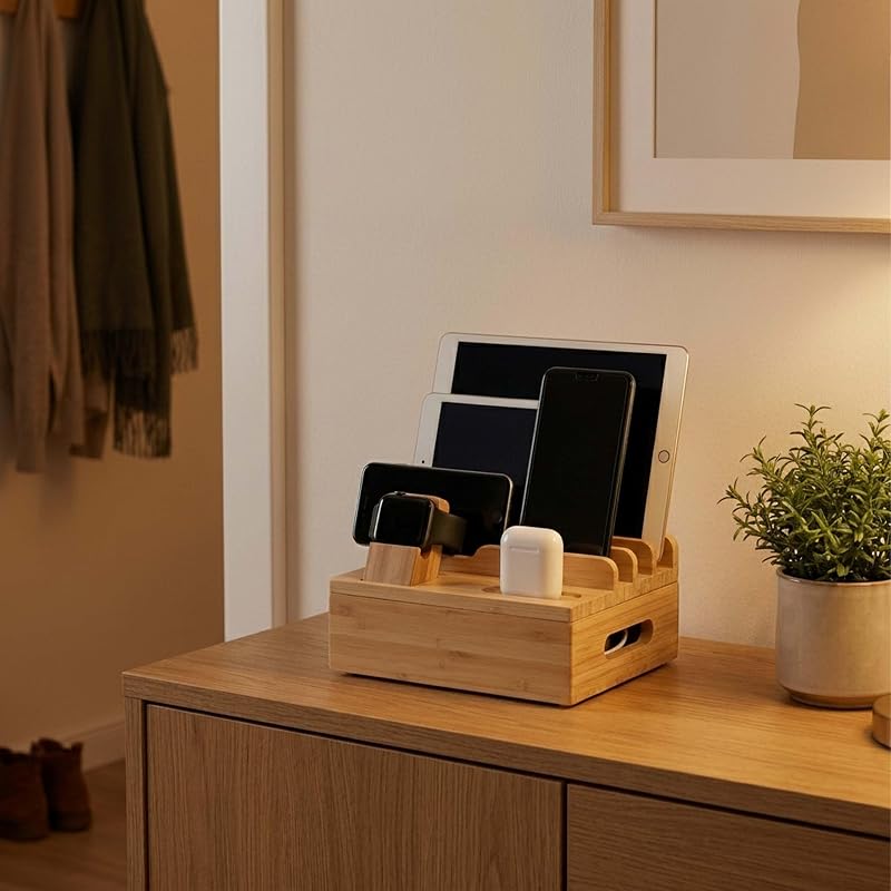 Stazione di Ricarica Multipla, Docking Station bambù, Apple Watch, Smartphone, AirPods, 11x17x13 cm, Naturale