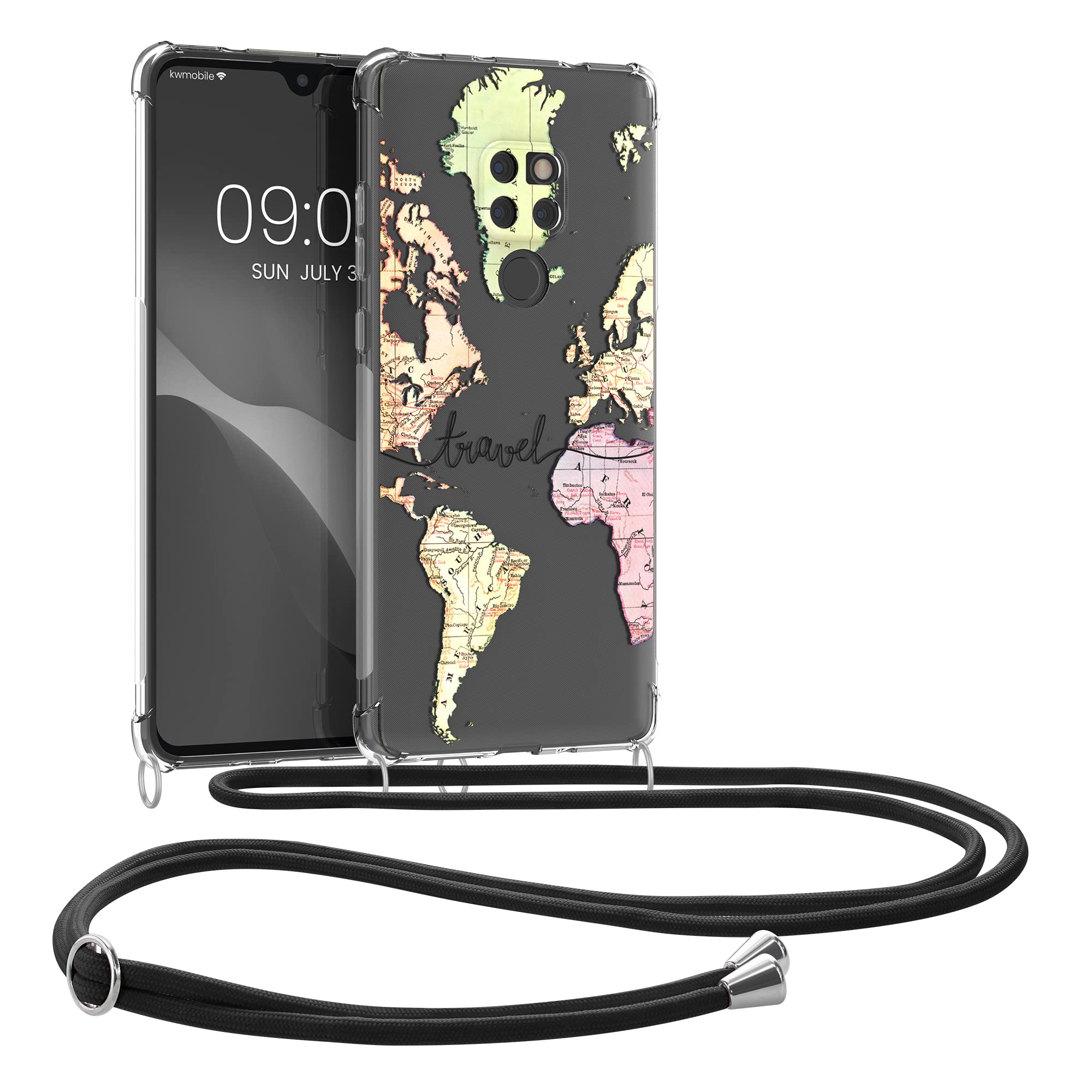 kwmobile Crossbody Case Compatible with Huawei Mate 20 Case Strap - Travel Black/Multicolor/Transparent