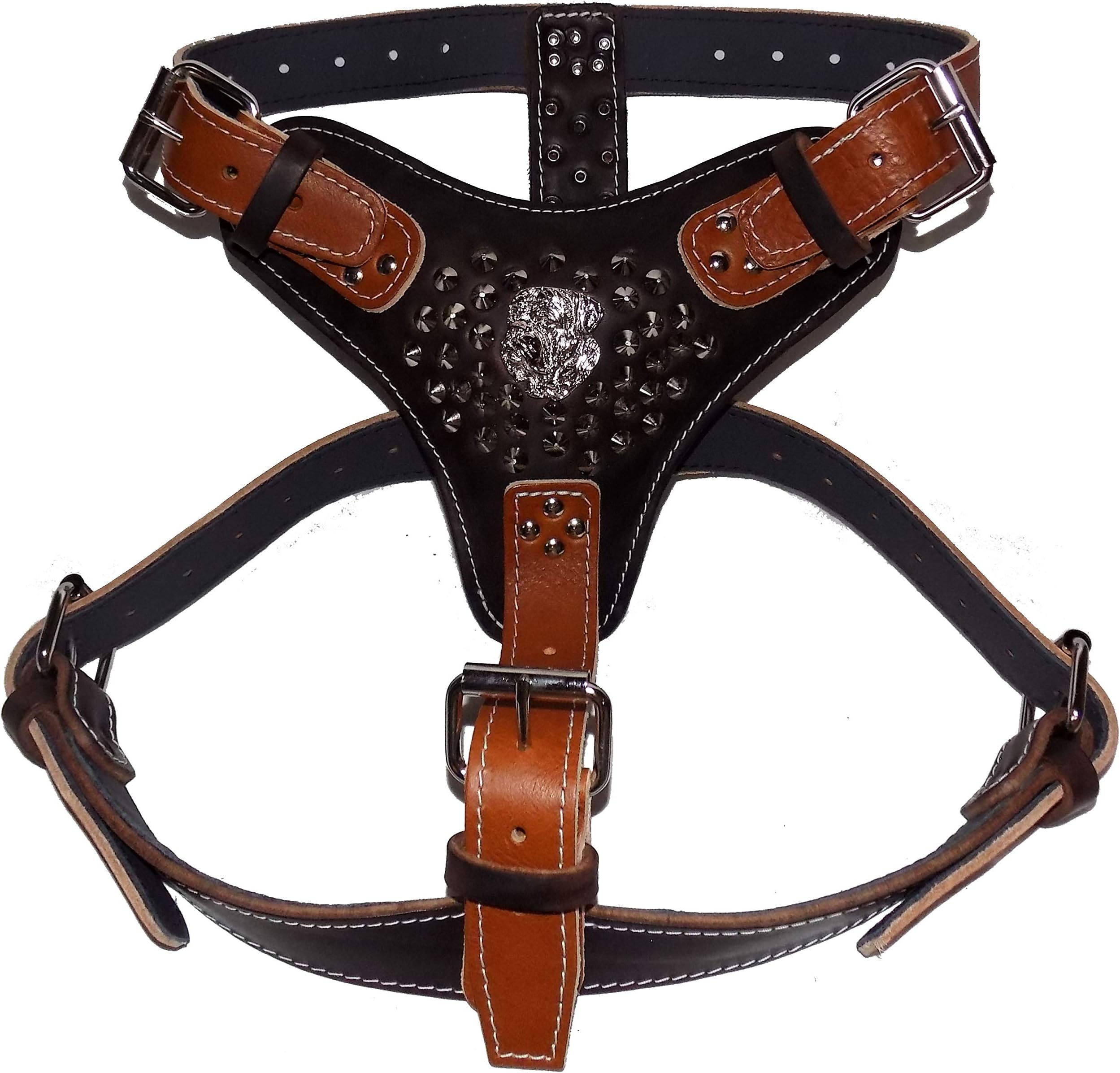 Two Tone Extra Large Heavy Duty Dark Brown with Tan Leather Dog Harness Studded Design and American Bulldog Head Motif