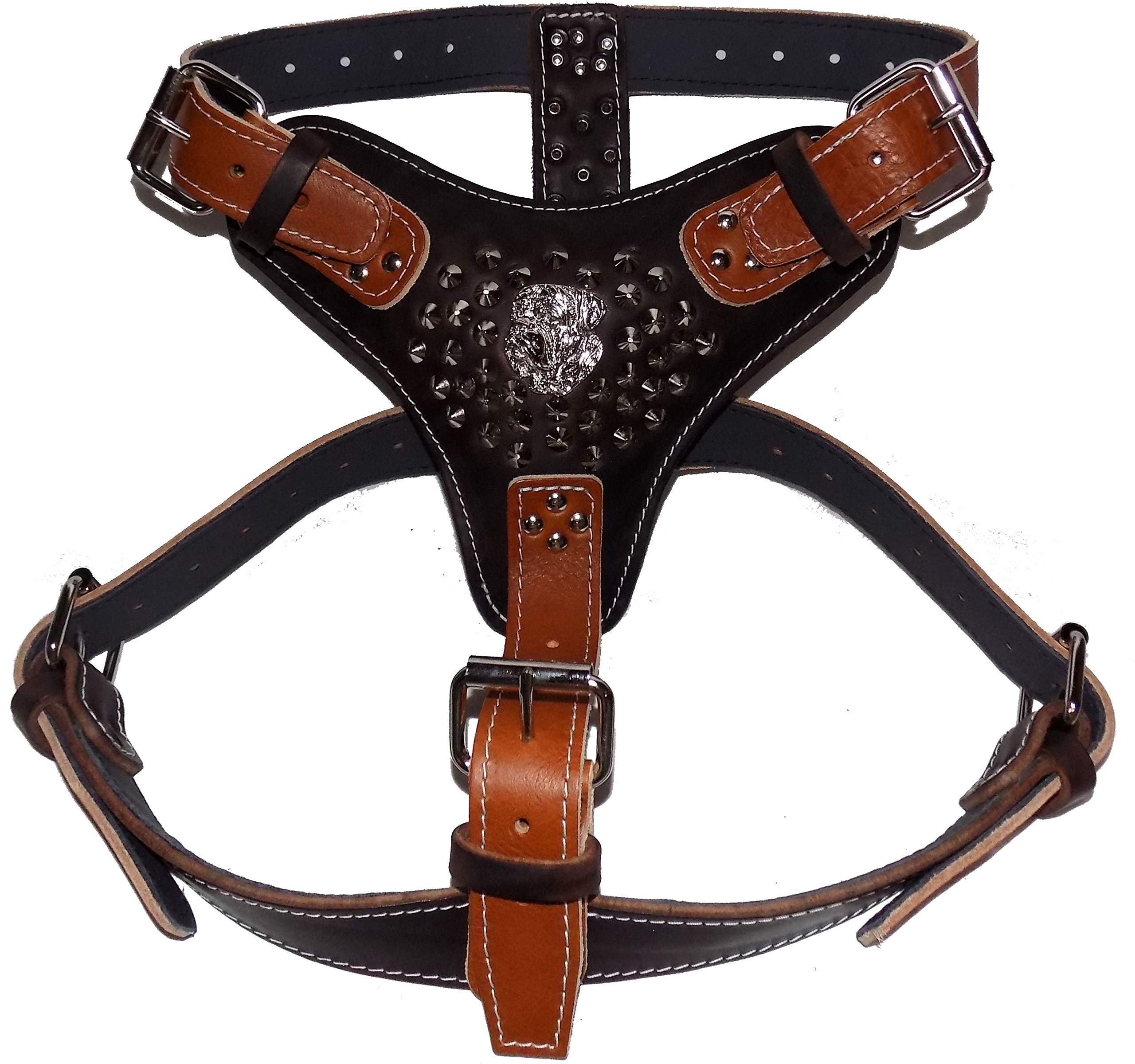 Two Tone Extra Large Heavy Duty Dark Brown with Tan Leather Dog Harness Studded Design and American Bulldog Head Motif