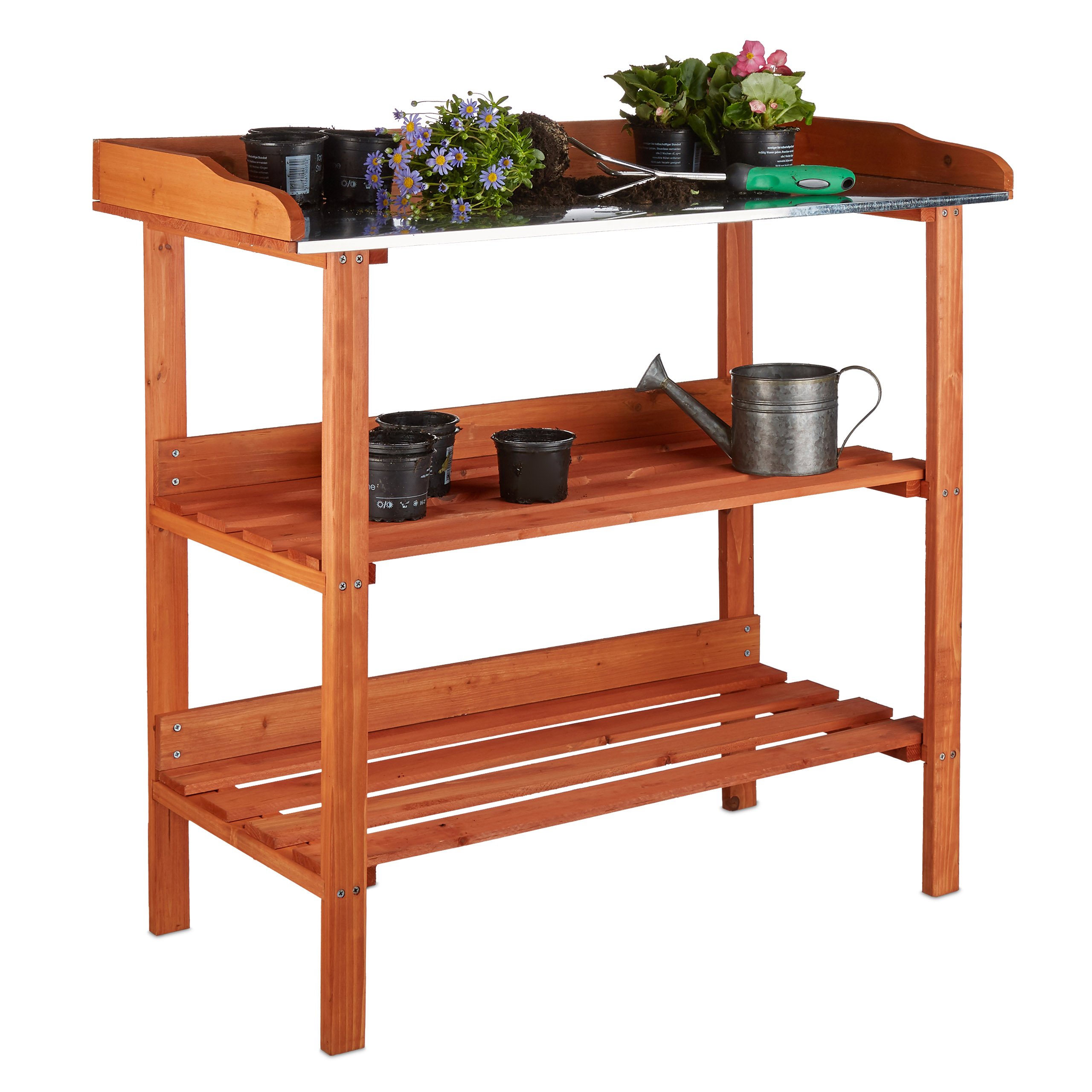 Relaxdays Plant Table, Wooden, Metal Table Top, 3 Shelves, Worktop Grow House, HxWxD: 87.5 x 91.8 x 41.5 cm, Orange