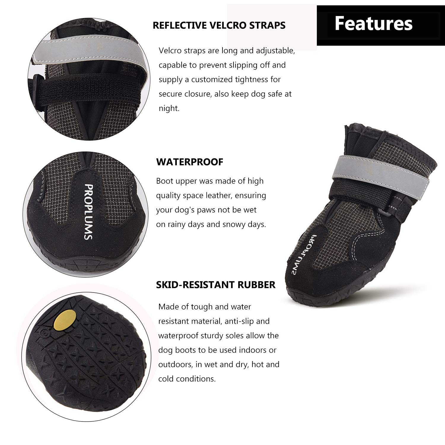 PROPLUMS Dog Boots Waterproof Shoes with Reflective Tape and Wear-Resisting Soles Black Grid Design for Small Medium Large Dogs 4 pcs (Size 8: 3.3\