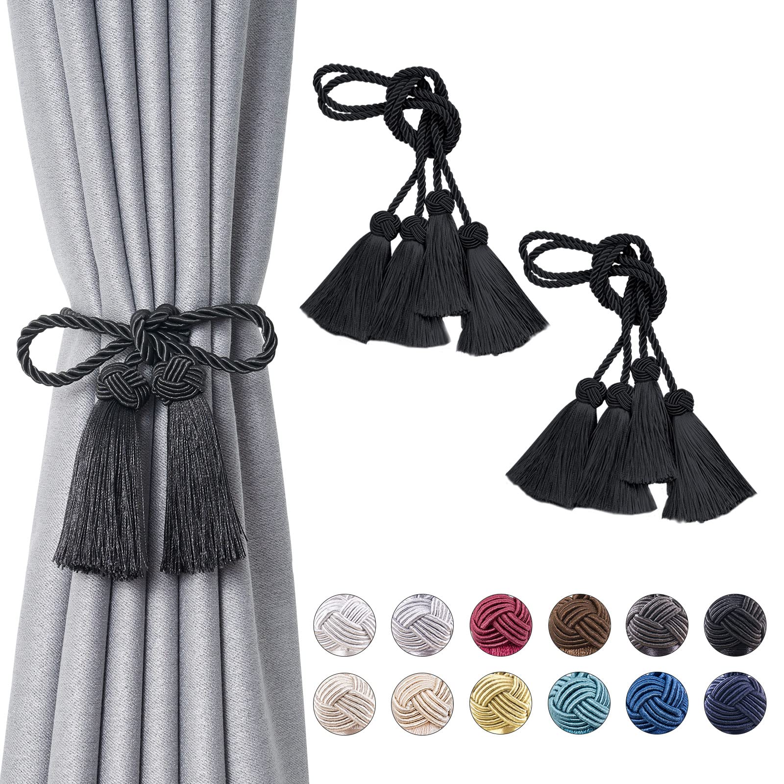 Pretty Jolly 4 Pack Double-ended Tassel Curtain Tiebacks Handmade Braided Rope Knot Drape Tie Backs European Style Decorative Curtain Holdbacks for Home & Office Window Drapery (Black)