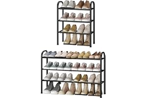 STO STO Expandable Shoe Rack, 3-Tier Metal Small Shoe Rack for Closet, Up to 16 Pairs Adjustable Shoe Racks Storage for Front Door Entrance, Free Standing Shoe Rack Organizer for Entryway, Black