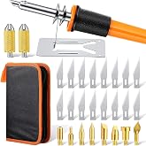 Honoson 30 Pcs Electric Hot Knife Cutter Tools, Knife Stencil Cutter | Including 1 Wood Burner Pen, 2 Metal Stand, 8 Brass Head, 16 Blades, 2 Chuck Sleeves, 1 Bag, for Soft Thin Foam Cloth