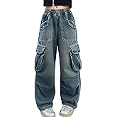 Happy Cherry Kids Girls Baggy Jeans Ripped Distressed Washed Casual Wide Leg High Waist Elastic Band Denim Pants