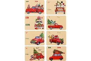 HOIIOH 80 Pack Vintage Red Truck Christmas Gift Tags - Kraft Self-Adhesive Name Stickers, 8 Jumbo Designs with to/from, Write