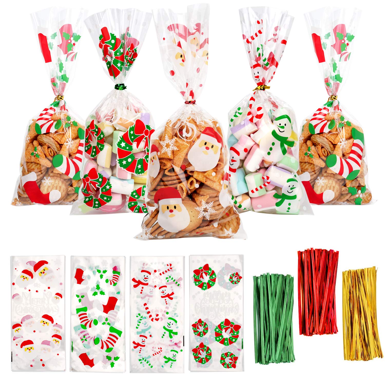 FINGOOO 120 Piece Christmas Candy Cookie Bags with Twist Ties for Party Gift Supplies