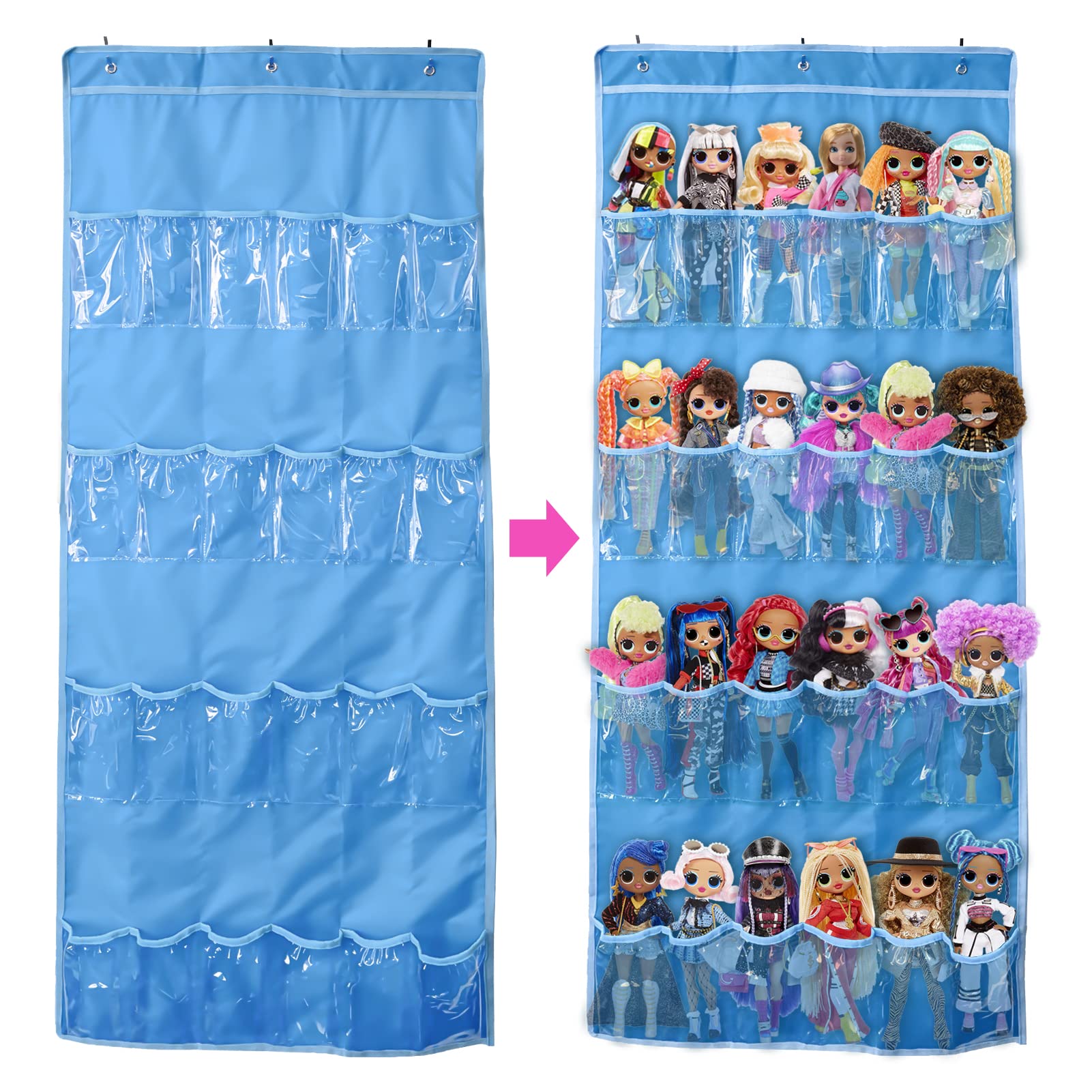 DUOLAM Hanging Over Door Toy Storage Organizer (24 Pockets), Compatible with LOL OMG Dolls Surprise Doll (Toys Not Included), (57.5''x22'') (blue)