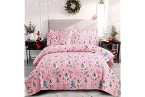 BELISTA Christmas Quilt Set Twin Size (68 x 86 Inches) Kids Girls All Season Lightweight Bedding Sets,Cute Pink Alpaca Cartoon Santa Claus Coverlet Bedspread,Xmas Bedroom New Year Holiday Decoration