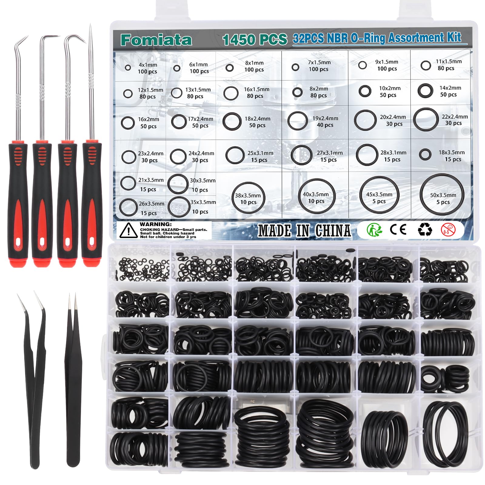 Fomiata 32 Size 1450 Pcs O Rings Assortment Kit, Metric Oring Kit - Universal Size from Ø4mm to Ø50mm Made of Nitrile Rubber Ideal for Shower Plumbers Hydraulic etc. (1450)