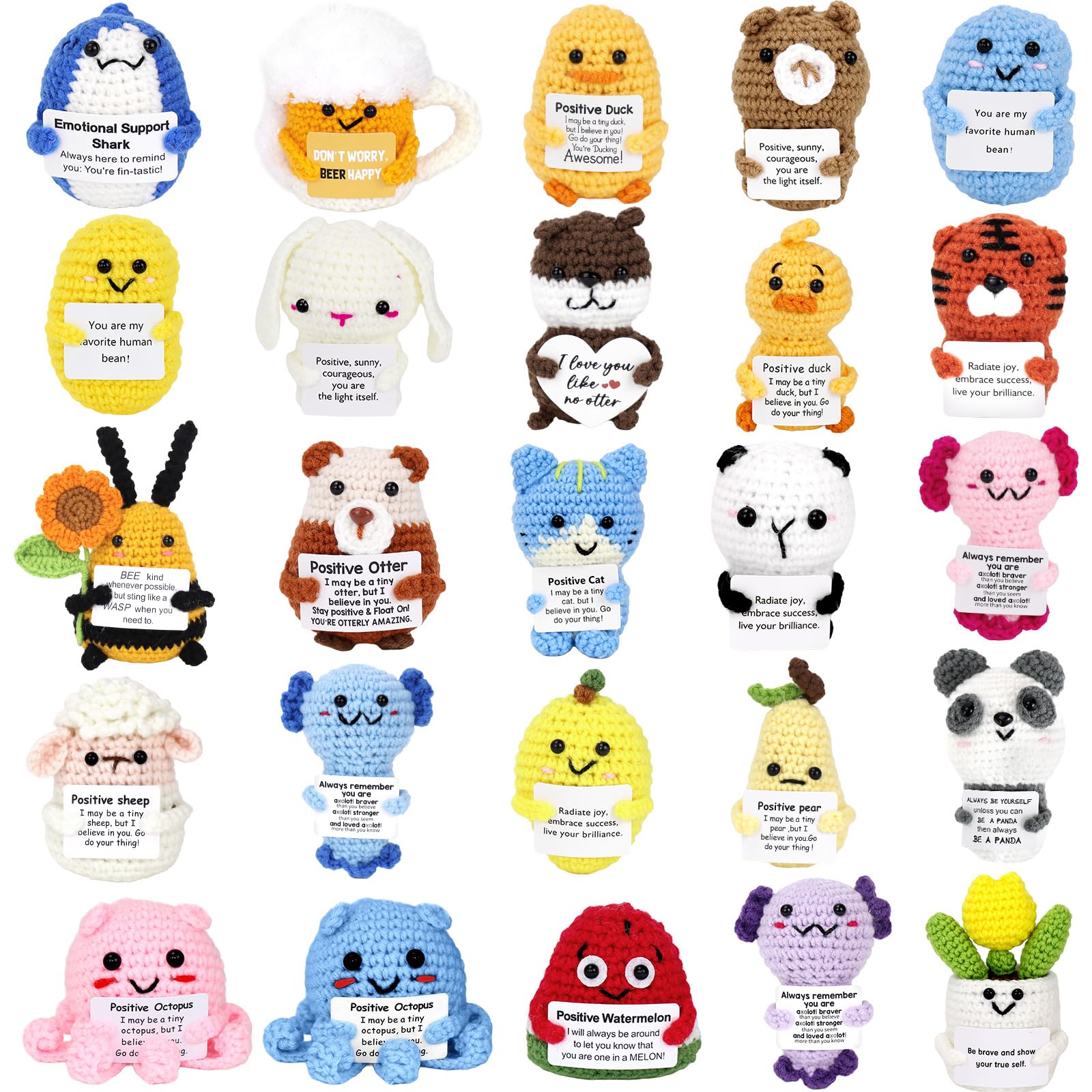 PQHIQ 25 Pcs Positive Crochet Animals Bulk, Crochet Animals with Positive Messages Inspirational Birthday Gifts for Women, Employee Appreciation Gifts for Women Men Her Him, Mini Desk Decor