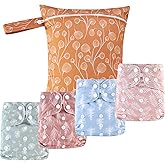 HappyFlute 9 Sets Newborn Baby Cloth Pocket Diapers One Size Adjustable Reusable for Baby Boys and Girls(6-33 pounds,0-3 Years),One Wet Bag+4Diapers and 4Inserts