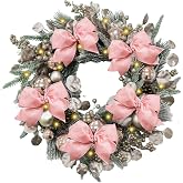 24 inch Christmas Wreath，Artifical Christmas Door Wreaths,Pink Wreaths | Winter Wreath with Pine Needles,Silver Balls, Bows, Festive Pink Decorations for Front Door & Outdoor Use Mantle Wall Decor