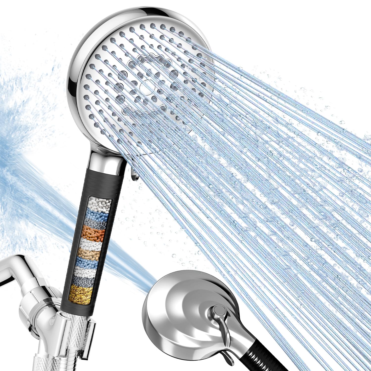 Photo 1 of Fitespot Filtered Shower Head with Handheld, High Pressure 9 Spray Setting Showerhead with Filters, Filter Hard Water with Hose, Remove Chlorine, Power Wash Clean Tub (Chrome & ?Black)