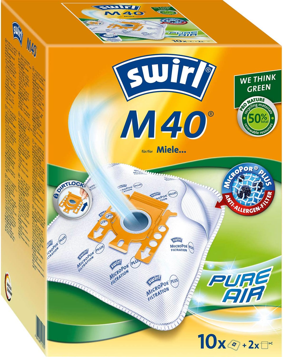 Swirl M 40 MicroPor Plus Staubsaugerbeutel für Miele Staubsauger | Anti-Allergen-Filter | Dauerhaft hohe Saugleistung | 10er Pack inkl. 2 Filter