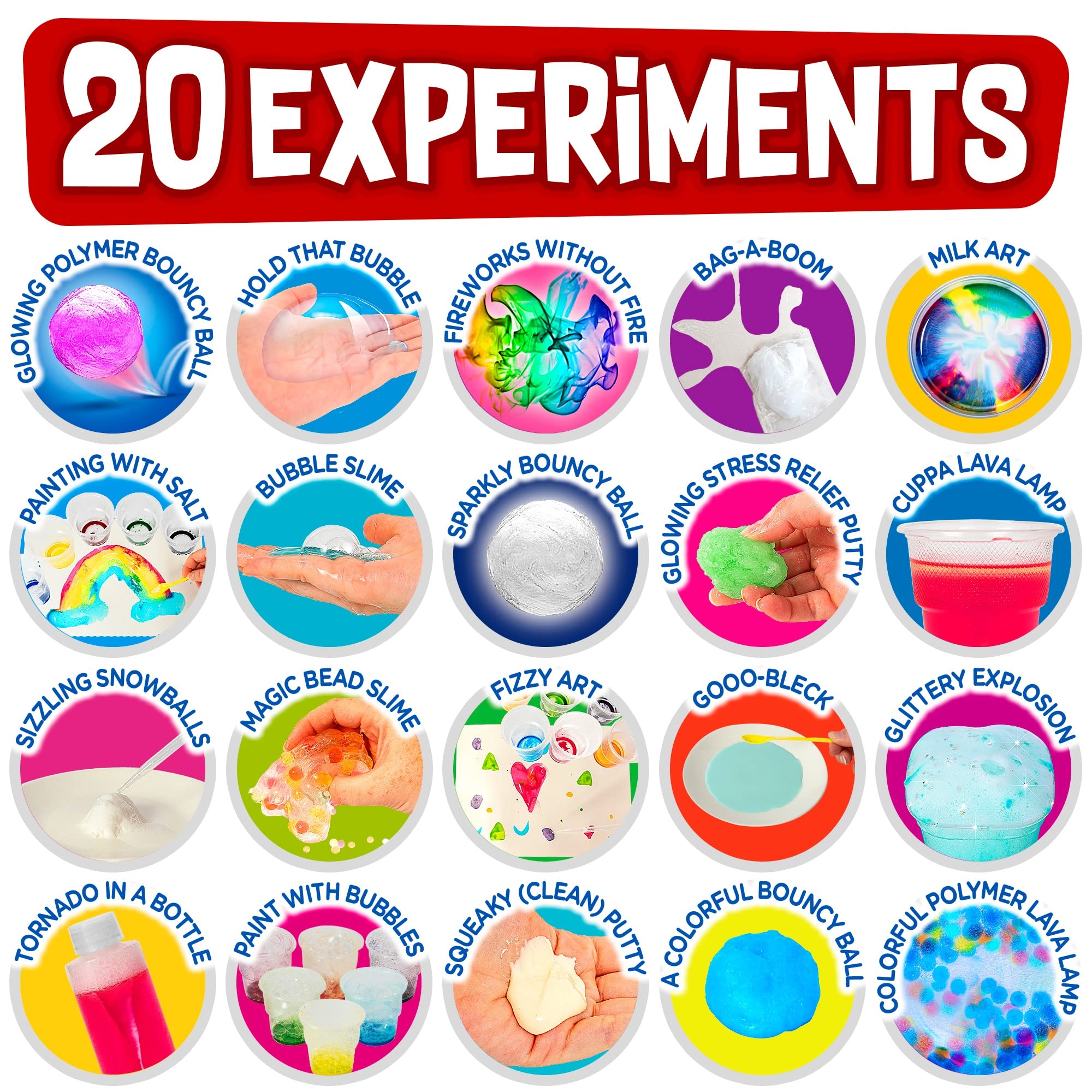 Science Kit for Kids Ages 5+ - Over 20 Experiments, Fireworks, Lava Lamp, Bouncy Ball, Fizzy Art, Sizzling Snowballs, Paint Lab, Tornado & More! Gift for Children 5,6,7,8-12 Years Old.
