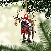 Talataca Cane Corso Wearing Christmas Hat Reindeer With String Lights Dog 2D Flat Car Rear View Mirror Accessories Christmas Tree Ornament Decoration Hanging Charm Interior Rearview Pendant Decor Gift