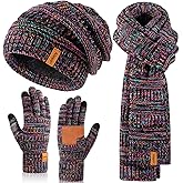 Winter Beanie Hat Scarf Gloves Set for Women, Slouchy Beanie Long Scarf Touchscreen Gloves, Warm 3 in 1 Christmas Gift Set