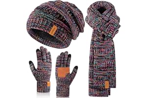 ALEPO Winter Beanie Hat Scarf Gloves Set for Women, Slouchy Beanie Long Scarf Touchscreen Gloves, Warm 3 in 1 Set