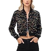 Anna-Kaci Women's Sparkly Sequin Jacket Cropped Two-Way-Zipper Glitter Party Club Bomber Jacket