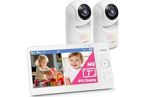 VTech Advanced HQ Max Twin 7" Digital Video 2-Cameras Baby Monitor with Pan Tilt Zoom, Long Battery Life 5000mAh, IPS Screen, Adaptive Multi-Color Night Light, 2-Way Talk, HQ Display, No WiFi, White