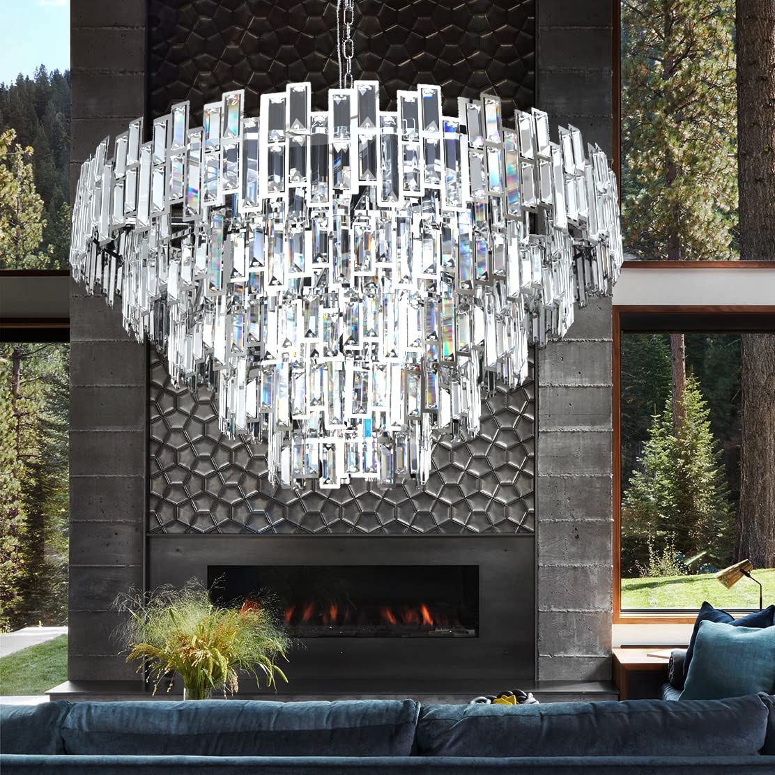 Photo 1 of ANTILISHA Entryway Chandeliers for High Ceilings Chrome Crystal Chandelier Light Fixture Living Room Foyer Staircase 39'' Large Modern Crystal Chandelier Lighting