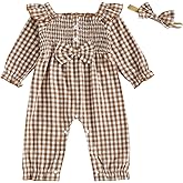 Lenjindjer Infant Baby Girl Fall Outfits Long Sleeve Romper Square Neck Bow Plaid Smocked Jumpsuit Headband 2pcs Clothes Set