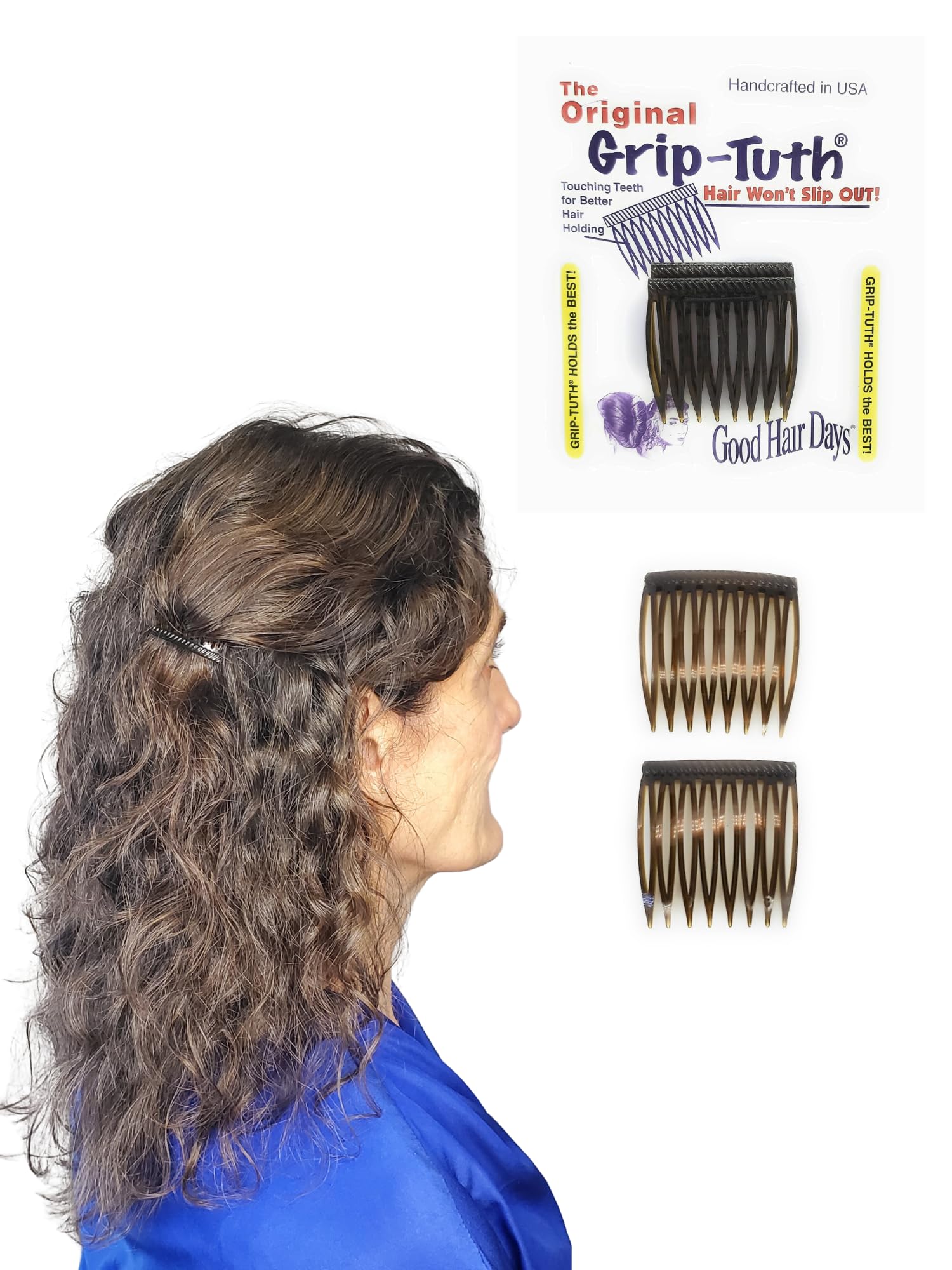 Grip-Tuth Combs - Set Of 2 Hair Side Combs - Hair Combs For All Types Of Hair - Decorative & Hair Styling Women Accessories (Shell, 1 ½ ″ Wide)