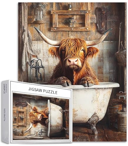 1000 Stuk Legpuzzel voor Volwassenen Hoogland Koe Toiletzitting Puzzels 70,1×50,8 Cm Wilde Dieren Toilet Krantenpuzzel Uitdagende Familie