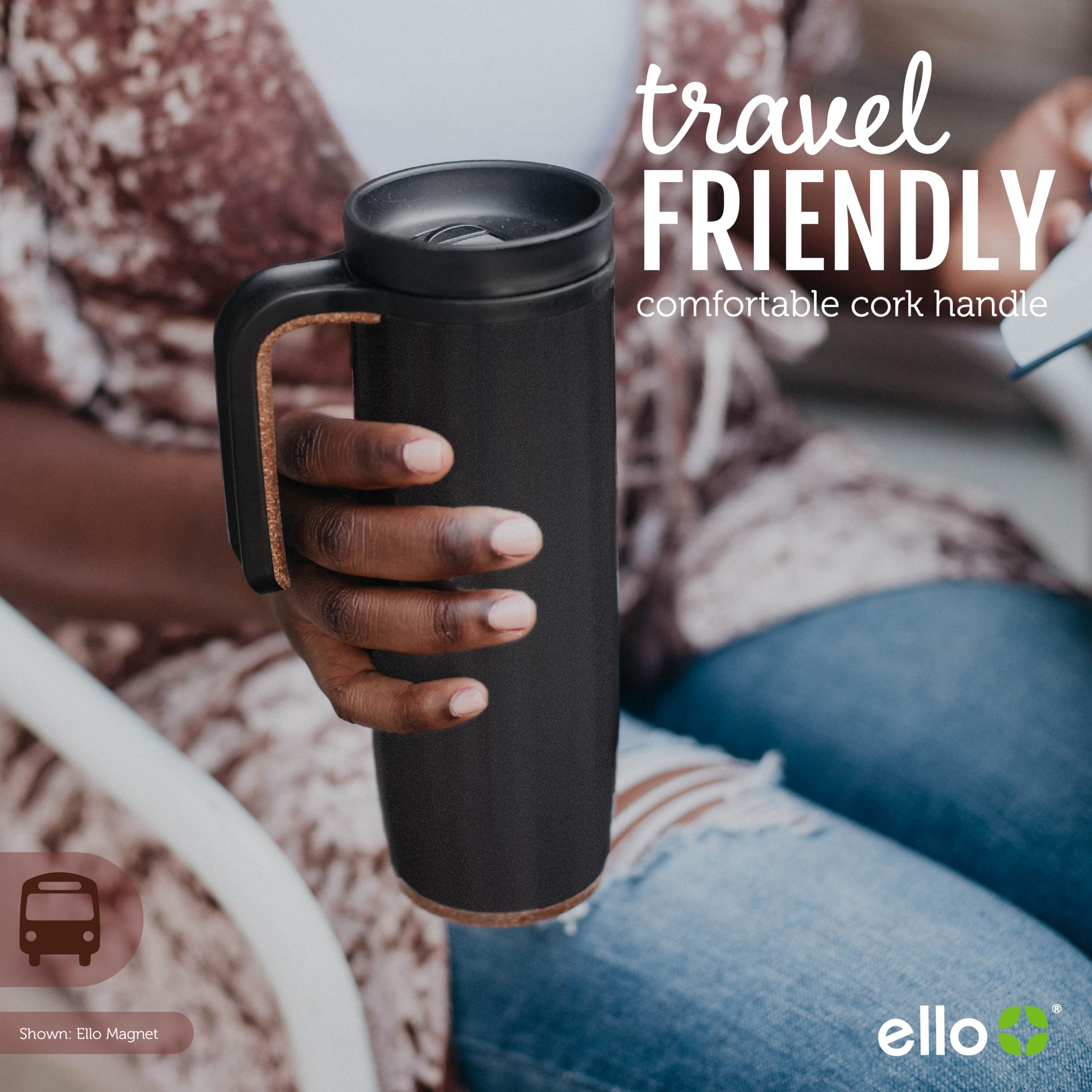 Ello Magnet 18oz Vacuum Insulated Stainless Steel Travel Mug with Side Handle and Leak-Proof Slider Lid and Built-in Coaster, Keeps Hot for 5 Hours