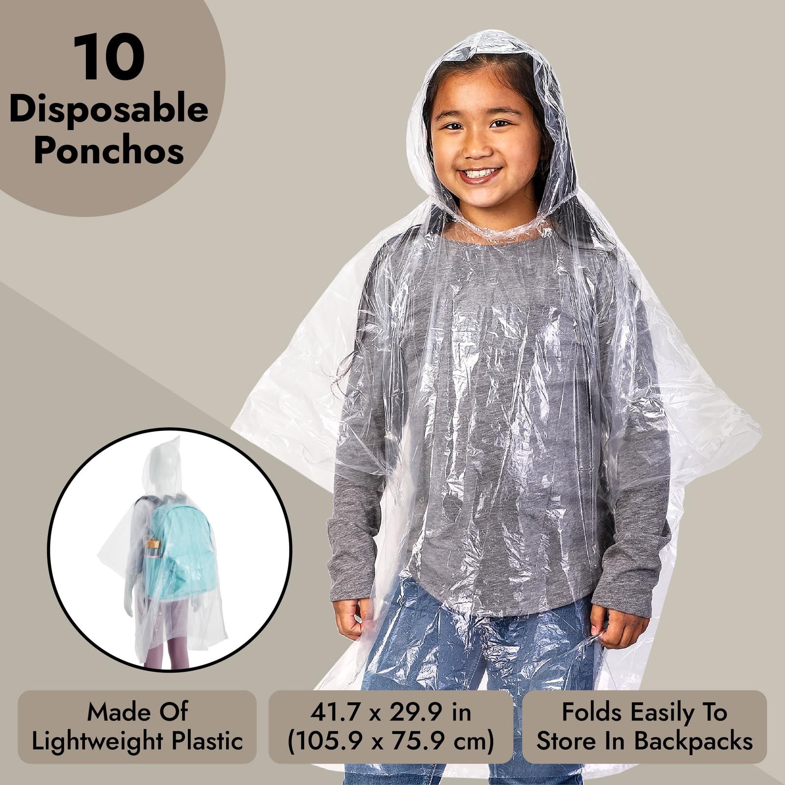 Juvale 10-Pack Disposable Rain Ponchos for Kids - Emergency Plastic Raincoats with Hood for Boys and Girls (Clear)
