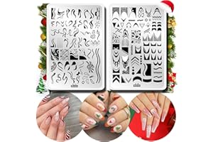 MEZERDOO Swirl French Line Nail Stamping Plates French Tip Nail Stamp Plate Geometric Wave Stripes Snake Flower Nail Art Stamper Stencils Printing Template 2pcs Large Stainless Steel Nail Art Tools 14.5×9.5cm