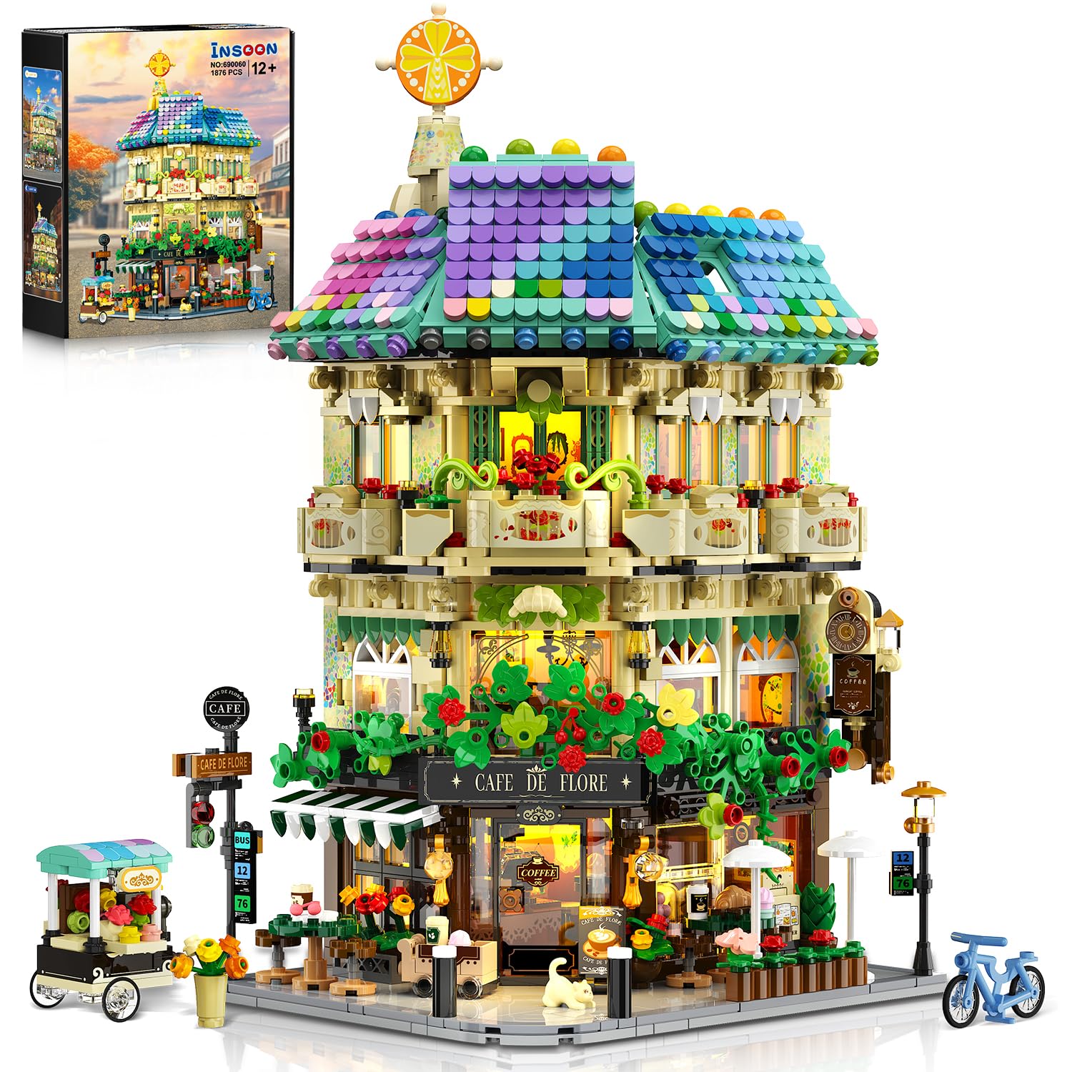 Photo 1 of INSOON Flower Cafe House Building Set with Lights, 1876 PCS City Street Corner Shop Construction Model, Art Architecture Modular Building Block Kit Home Decor, Gift for Adults Teens Boys Girls 12+