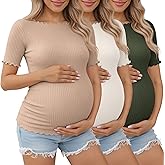 Sweetyweee 3 Pack Women's Maternity Ribbed Shirts Cotton Short Sleeve Pregnancy Tops Boat Neck Lettuce Trim Mama Clothes