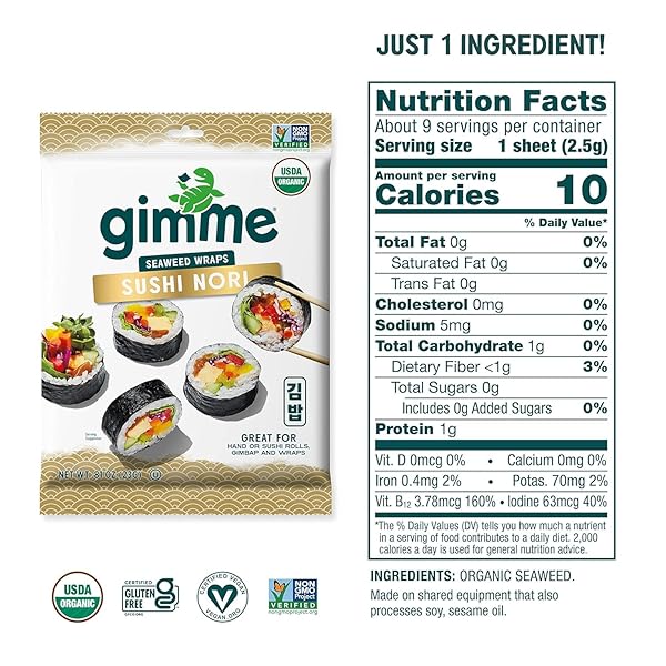 GIMME SEAWEED SUSHI NORI PREMIUM ORGANIC ROASTED SEAWEED SHEETS, KETO, VEGAN, GLUTEN-FREE, RESTAURANT-STYLE SUSHI NORI SHEETS 0.81 OUNCE (PACK OF 1)