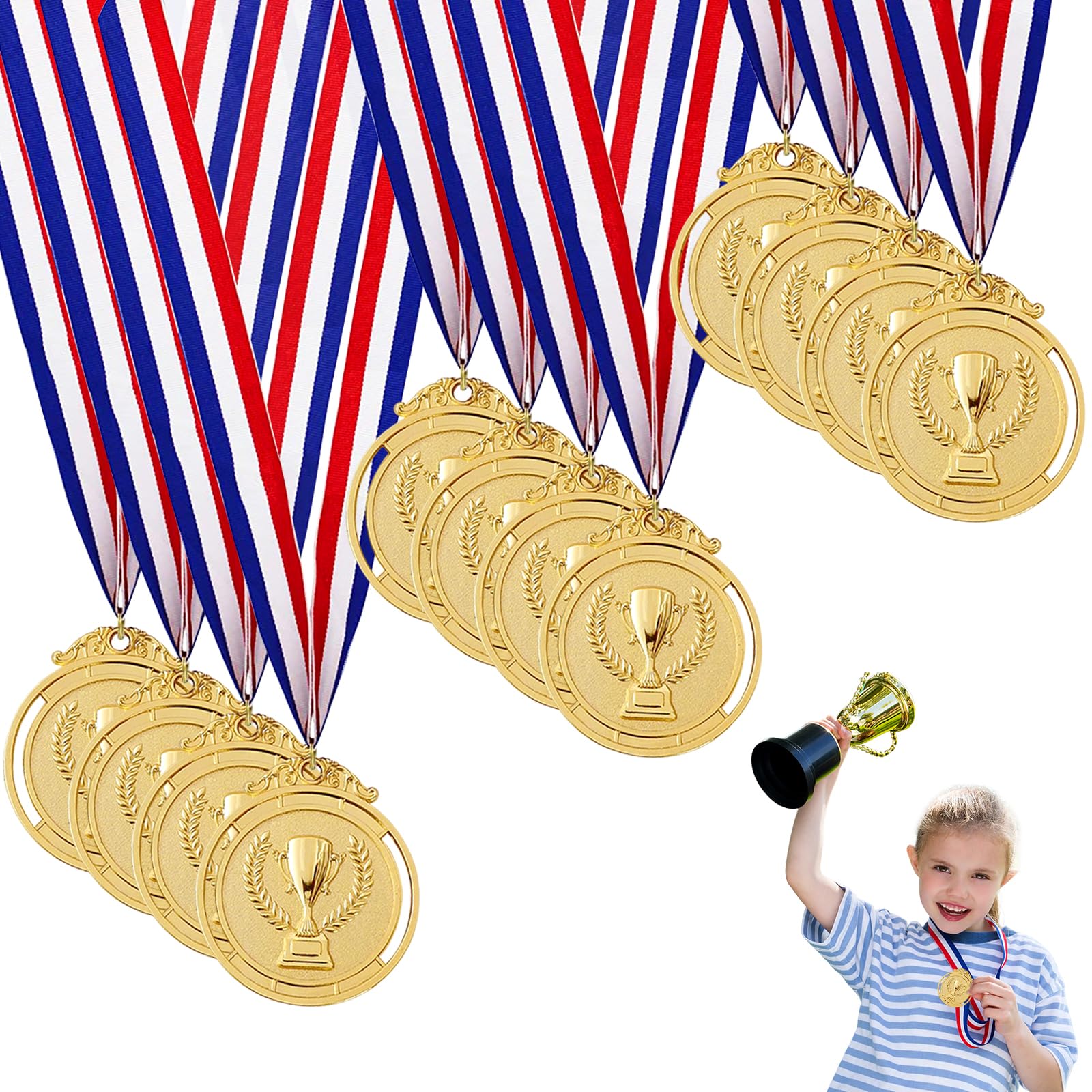 Omevett 12 PCS Medals for Children, Metal Gold Medals Sports Day Medals Winners Medals for Kids Adults with Trophies Carving Pattern and Ribbon for Awards Sports Football Party Olympic Style