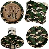 The Big One Hunting 1st Birthday Party Supplies - 64 Piece Boys Deer Hunter First Birthday Tableware Set Includes Large 9" Dinner Plates and 7" Dessert Paper Plates Napkins Cups - Kit for 16