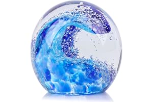 LCCCK Hand Blown Glass Ocean Waves Glass Ball Beach Office Decor, Blue Glass Paperweight Ideal Beach Decorations for Home, Suitability Seaside Villa Aquarium Ocean Lover's Gift